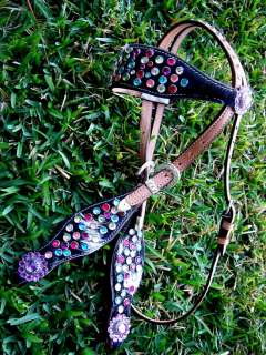 HORSE BRIDLE WESTERN LEATHER HEADSTALL RAINBOW CRYSTALS BLING RODEO 