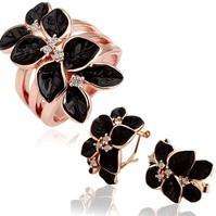 18K Gold Swarovski Crystal GP Black Flower Earring&Ring Set K003 