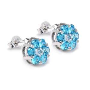 Genuine Sterling Silver .925 Stud Earrings Aquamarine & Diamond Color 