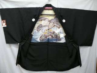 Mens Blk Kimono, Haori & Stripe Hakama w/Crests A643  