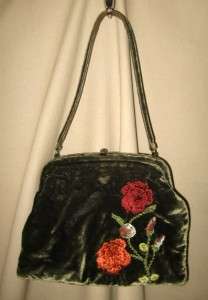 Vintage RADA BORSE Italy Green Velvet Handbag Embroidered w/Flowers 