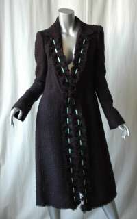   Long Black Boucle Tweed Ruffle Aqua Ribbon Trim Coat Jacket 40  