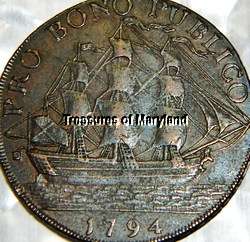 DETAILED OLD ENGLISH COIN 1794 SAILING SHIP COLONIAL HALFPENNY 