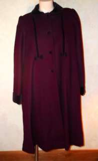   Vintage Plum Wool & Velvet Rothschild Swing Coat~Bows~MINT~L XL  