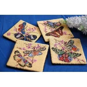  Gorgeous Wool Needlepoint 4pc Cup mat/Hot pad Butterfly 