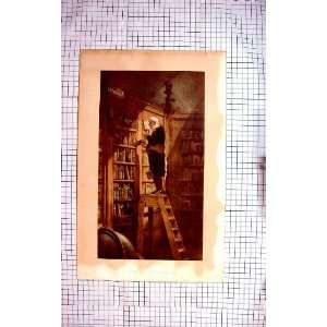   Antique Colour Print The Bookworm Man Ladder Spitzweg: Home & Kitchen