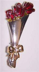 Brooch Rose Bouquet of Poured Glass Red,silver & gold  