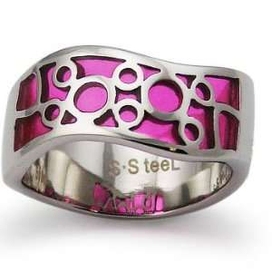  Stainless Steel Womens Ring with Pink Resin Inlay   Size 