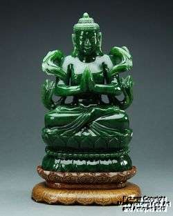 Chinese Natural Spinach Jade Seated Buddha, Wood Stand w/ Gilt Silver 
