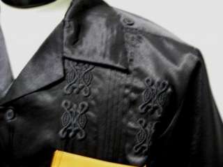NEW Mens MEXICO Inspired Western Banda Black Tan Trim Guayabera Shirt 
