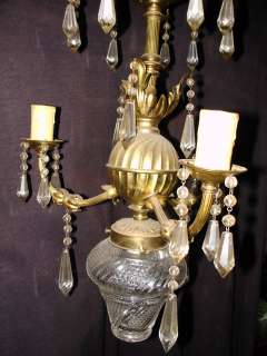 Nice old French 3 arms small bronze & prism chandelier  