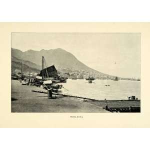  1900 Print Hong Kong China Chinese Ships Seaport Mountains 