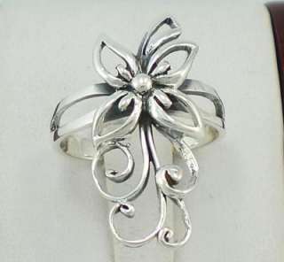 PRETTY STERLING SILVER LONG DETAILED FLOWER RING size 9  