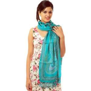  Cyan Scarf with Printed Paisleys   Pure Satin Silk 