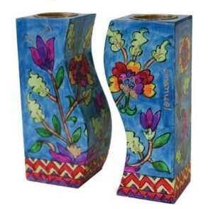   Red Flowers, Floral Hand painted Shabbat Candlesticks 
