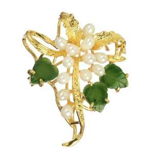  Gold Plated with Freshwater Pearl, Jade Leaves Bouquet Pin 