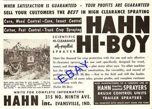 1953 HAHN HI BOY SELF PROPELLED CROP SPRAYER AD INDIANA  