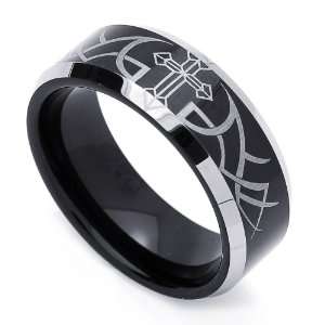 9MM Comfort Fit Tungsten Carbide Wedding Band Cross Engraved Black 