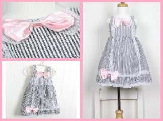 NEW BOUTIQUE GIRL Graceful Gray Strips Lace Trim Satin Bow Dress 2T 3T 