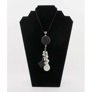  Pendant Necklace White Cultured Pearls, Black Lava Stone 