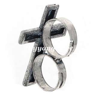 Vintage Silver Ladys Cross Double Two Finger Ring Adjustable Fashion 