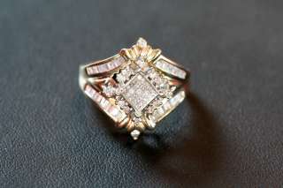 14K 3/4 ctw ct Art Deco Diamond Cluster Ring Baguette Princess Cut 7 