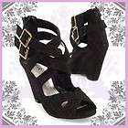 WOMENS SHOES BLACK HIGH HEEL CRISS CROSS STRAPPY WEDGE SANDAL BOOTIE 