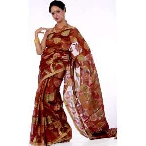  Rust Banarasi Sari with Woven Paisleys and Leaves 
