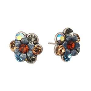 Michal Negrin Stud Earings with Hand Painted Flowers, Blue, Grey and 