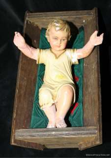 ANTIQUE BABY JESUS NATIVITY DOLL SANTOS WOOD CRIB and CHRISTMAS QUILT 