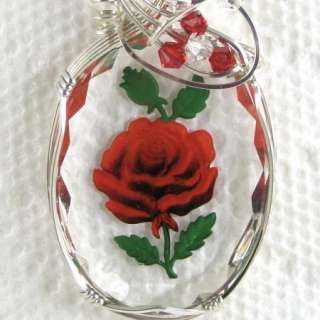 Red Rose Intaglio Crystal Cameo Pendant Sterling Silver  