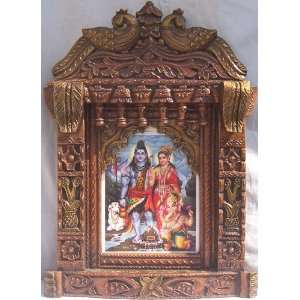 Lord Shiva giving blessing with his wife parvati & Bal Ganesha poster 