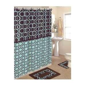  LINES AND CIRCLES AQUA AND CHOCOLATE FABRIC SHOWER CURTAIN 