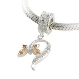  Flower Ring Shape Charm with Brown Cz Butterfly Dangle for Pandora 