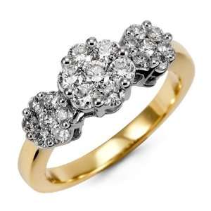    14K White Yellow Gold Triple Cluster 1ct Diamond Ring: Jewelry