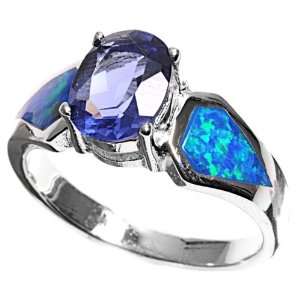 Sterling Silver Ring with Blue Lab Opal and Oval Shaped Blue Sapphire 