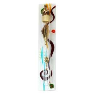 Stained Glass Mezuzah with Brown, Orange and Blue Lines 