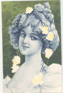 BEAUTIFUL WOMAN CHROMO LITHO ROSES IN HAIR EARLY M40233  