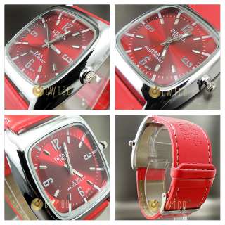   wrist watch red leather band square case design synthetic leather band