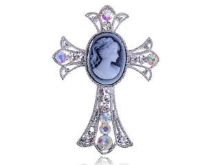   Lady Cameo AB CLR Crystal Rhinestone Cross Frame Pin Brooch  