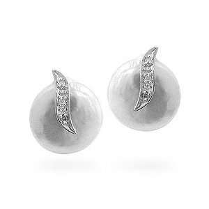  14k White Gold Coin Pearl and Diamond Earrings Jewelry