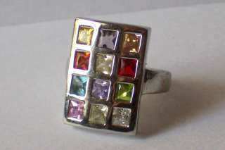   Sterling Silver 12 prong set multicolor gemstone ring band size 6 .925