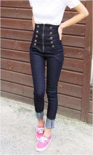   Trendy Double Breasted High Waist Skinny Jeans Pants Trousers  