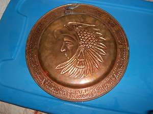 vintage 11 copper plate,souvenir Mexico,symbols on rim,costumed AZTEC 
