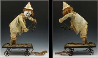 19thC German Automaton Pull Toy Bisque Head Clown on Cart w 