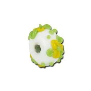  13mm White with Yellow and Lime Green Flowers Glass Beads 