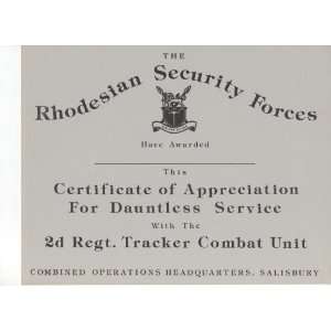  Certificate of Appreciation   Rhodesian Security Forces 