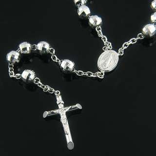 Diamond Cut Solid 14K White Gold Rosary Bead Necklace  