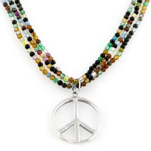 Sterling Silver Peace Sign on Multiple Stone Beaded Necklace, 16+2 