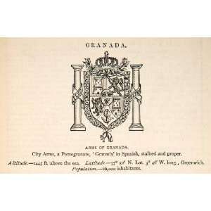  1895 Wood Engraving Granada Spain Espana City Coat Arms 